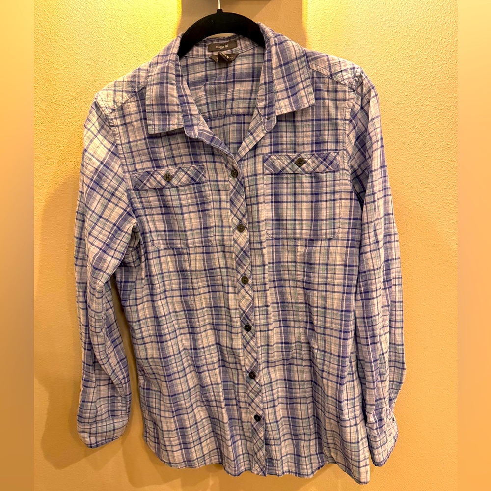 Eddie Bauer plaid Medium purple, blue, & white shirt